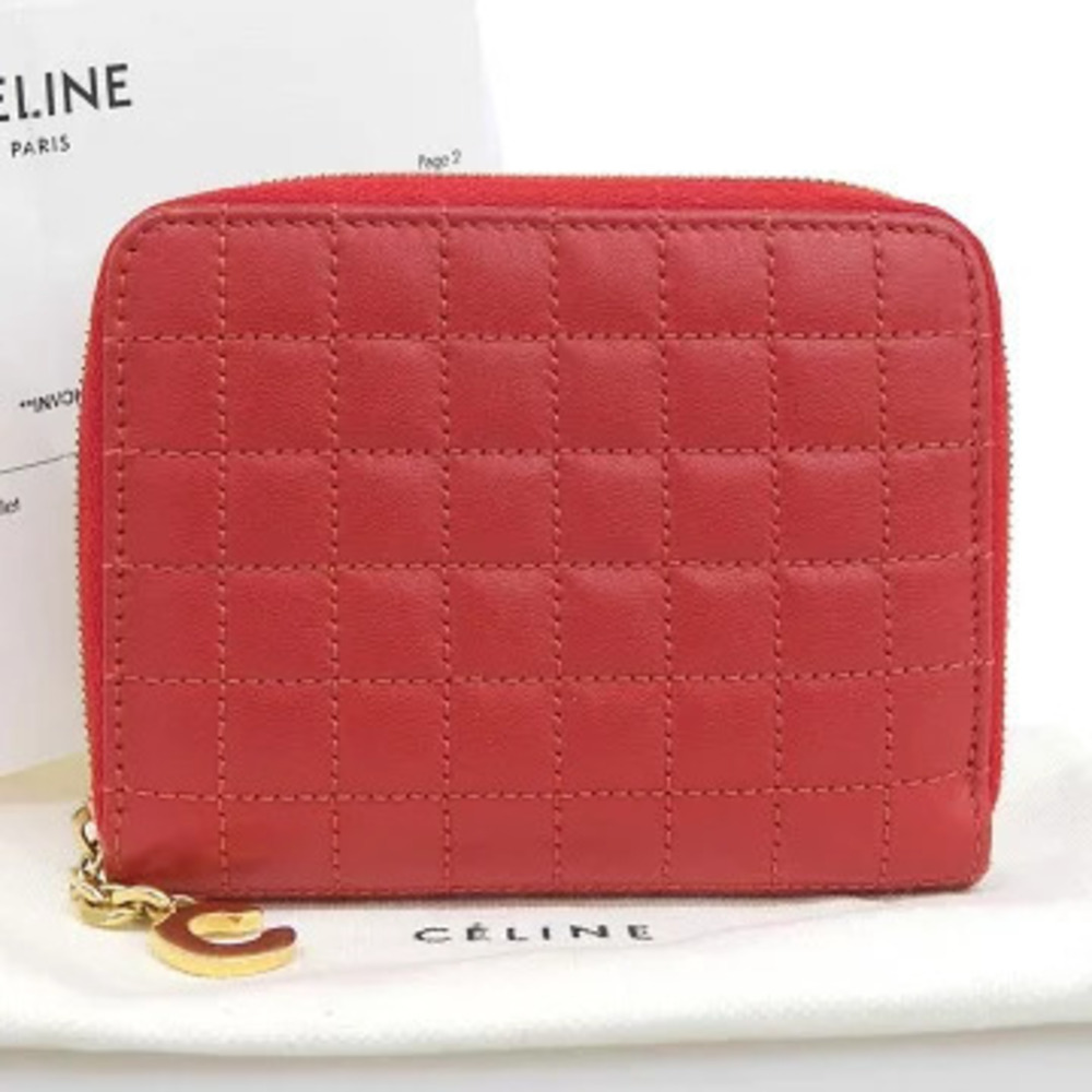 Celine Checkered Coin Purse Round Zipper Leather Case Red